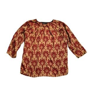Khaadi West Pakistan Boho Peasant size 10 Blouse 3/4 Sleeve Red Top Ikat Relaxed